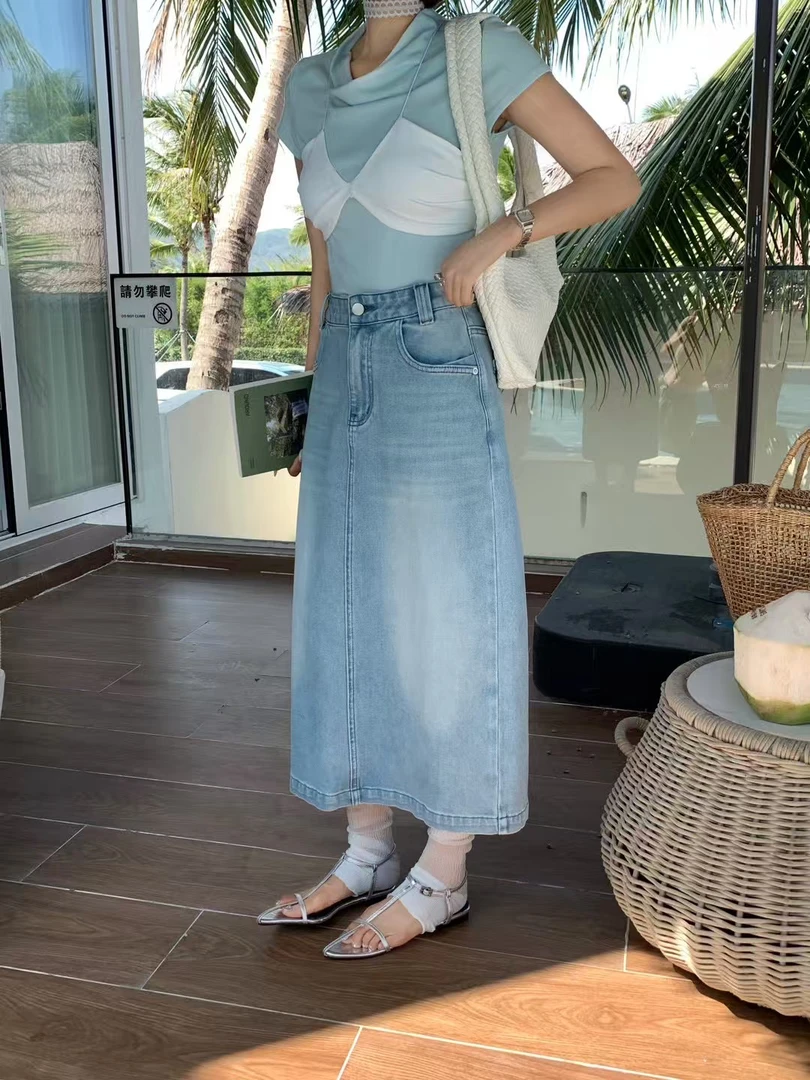 6937#四面弹显瘦开叉A字牛仔半身裙女夏季新款