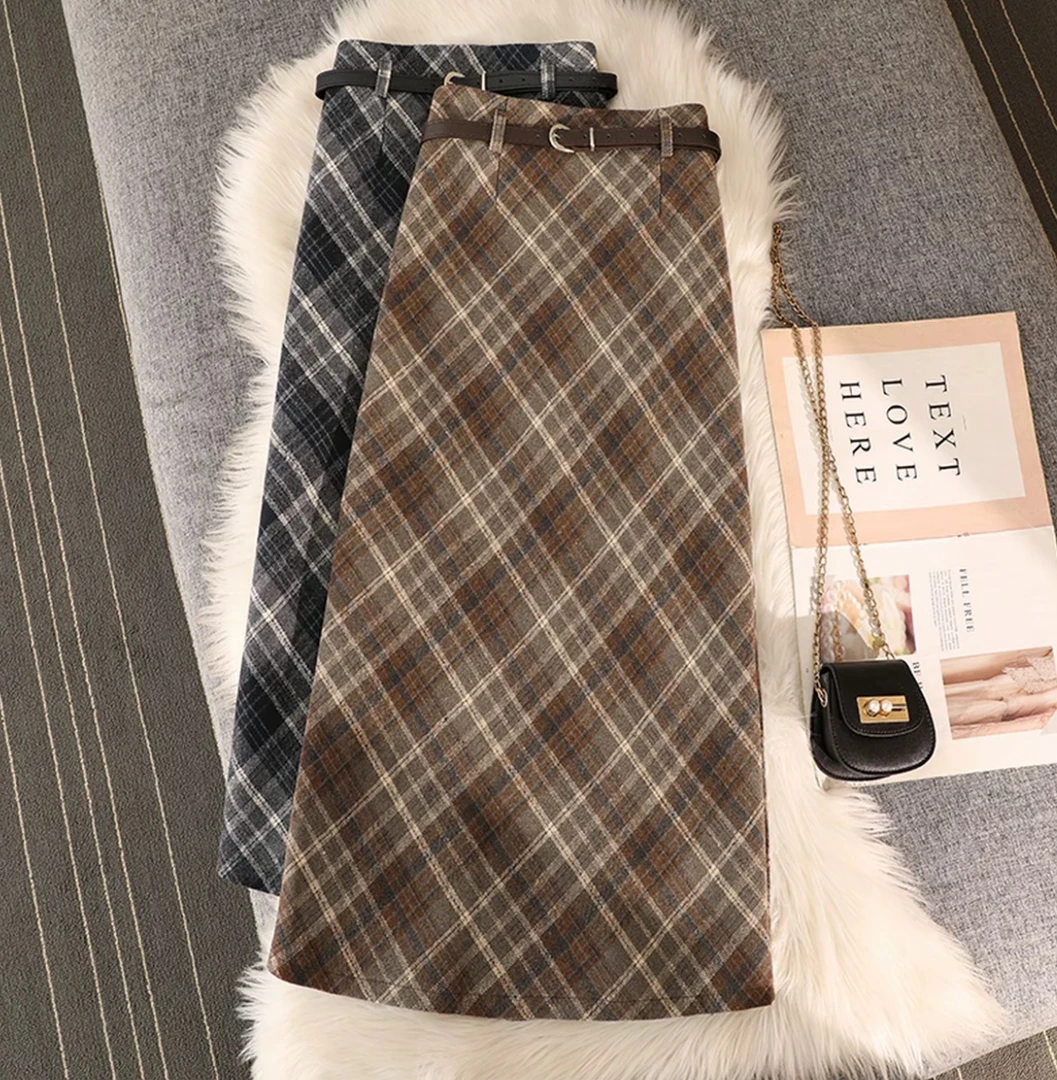 毛呢格子半身裙女2025秋冬复古高腰A字包臀开叉格纹长裙配腰带
