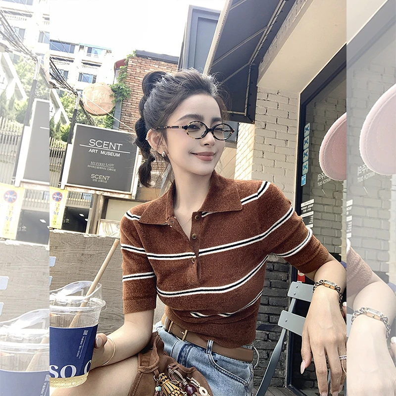复古polo领高级感条纹撞色针织衫女夏季翻领五分袖打底衫别致上衣