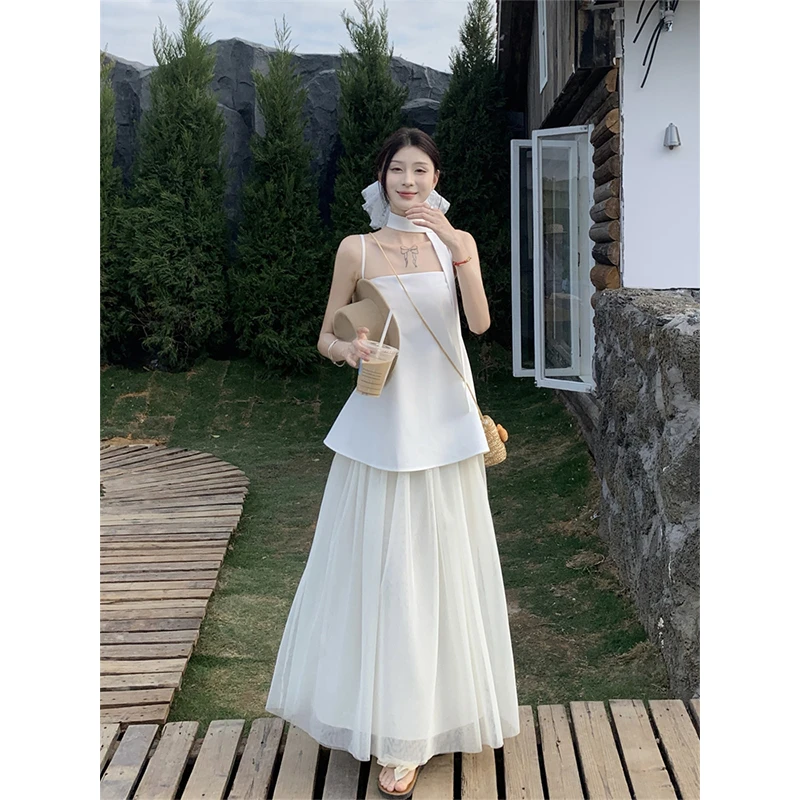 2025夏季吊带雪纺衫女高级感独特上衣+ 网纱白色半身裙氛围感裙子