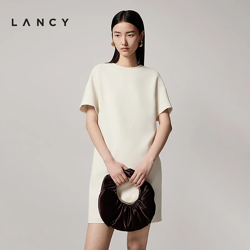LANCY/朗姿2025年夏新款简约高级落肩设计短袖连衣裙女圆领中长裙