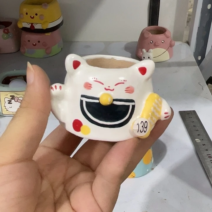手工多肉花盆小猫