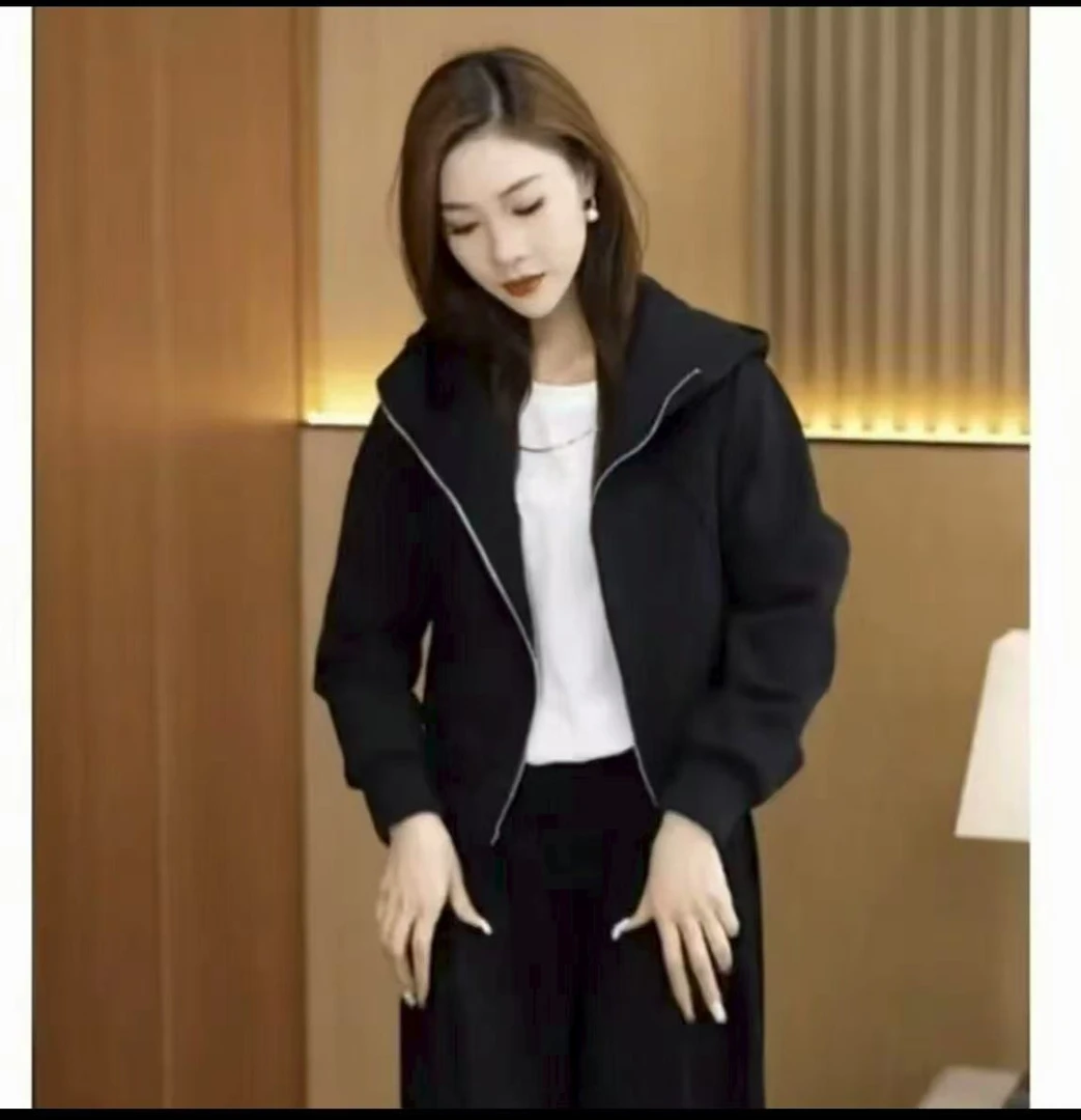春秋季新款韩版时尚百搭休闲宽松拉链连帽宽松短款外套卫衣女款
