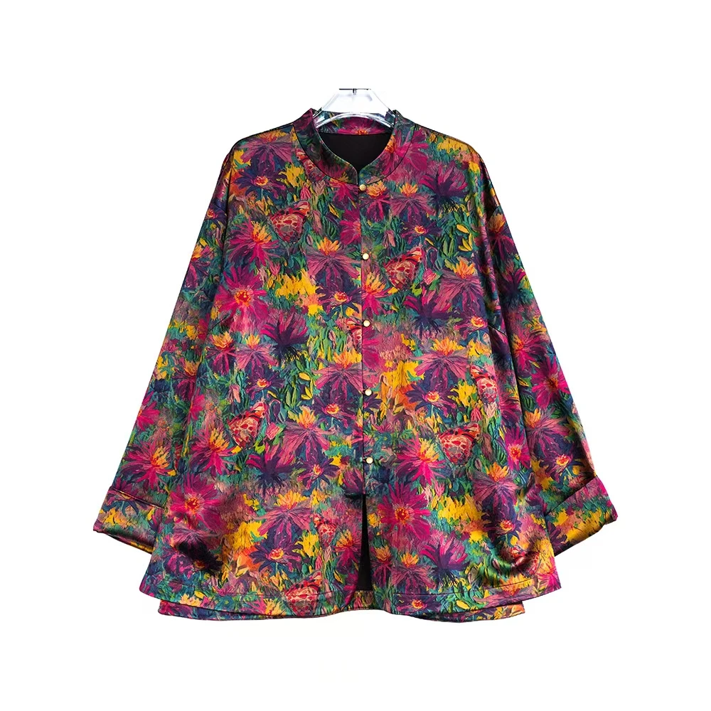 大码时尚50姆米重缎皮子香云纱高品质小立领长袖开衫8915