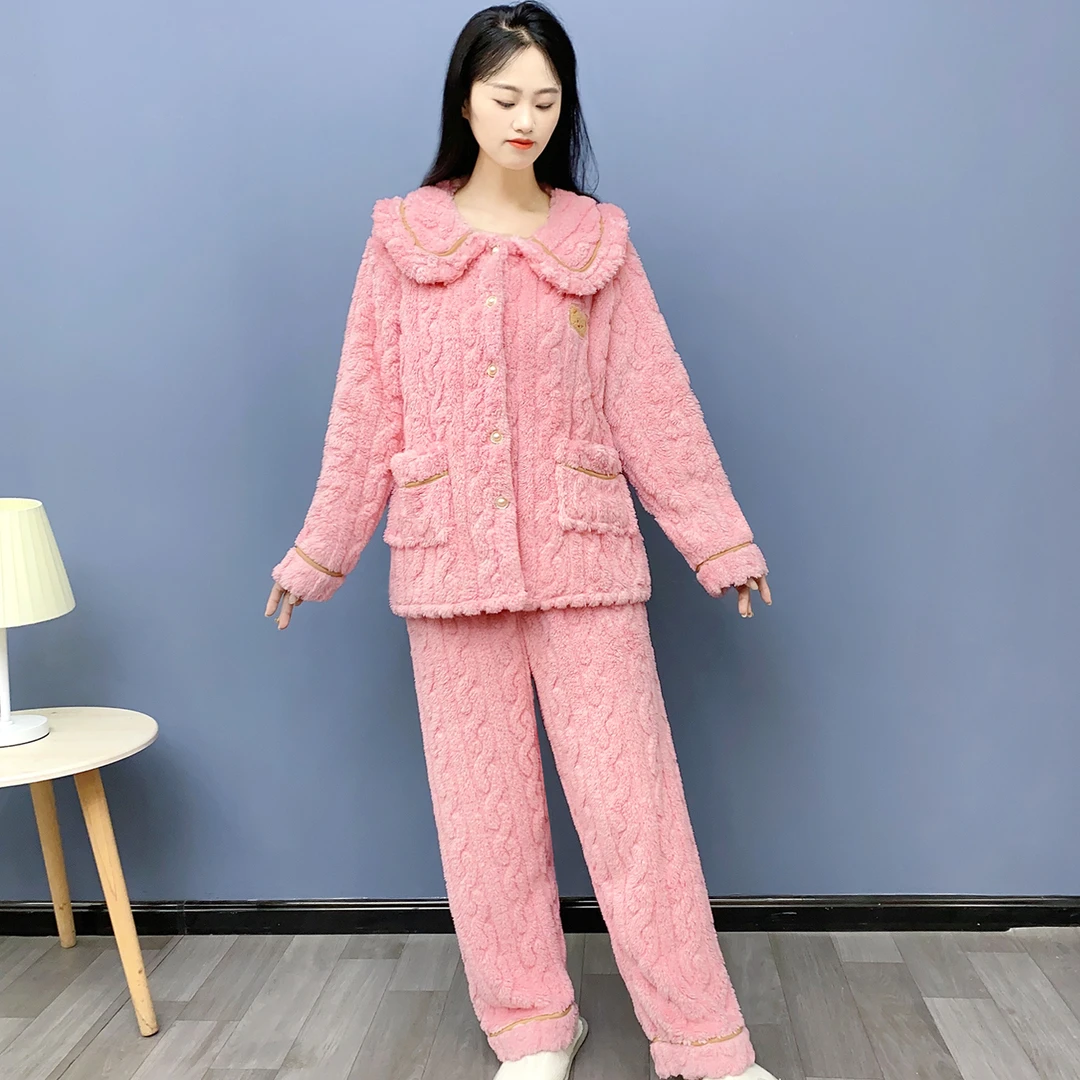 睡衣女冬款加绒加厚法兰绒保暖宽松时尚可外穿家居服套装【Y91】