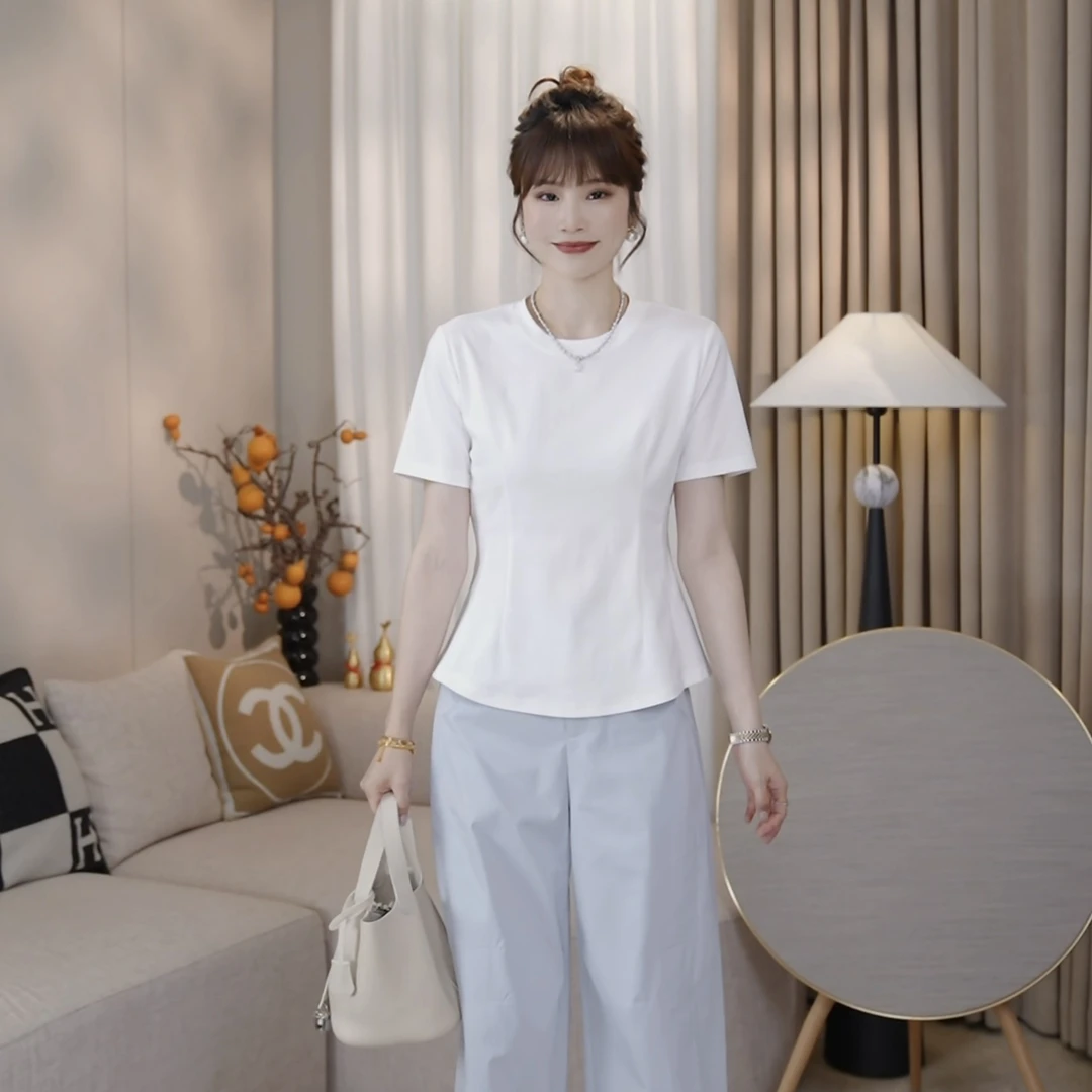 LMENY剪裁美学~重工立体裁剪拼接收腰显瘦百搭T恤25BT049