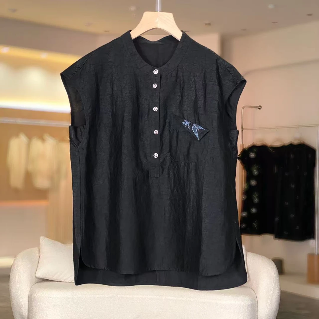 MeraxMer100%桑蚕丝香云纱圆领刺绣上衣·简约大气百搭上衣