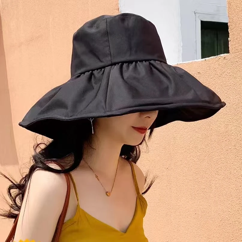 大渔夫褶皱黑胶防紫外线女款帽子高颜值防晒帽户外渔夫帽子