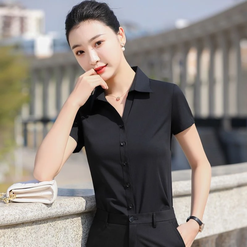 v领职业衬衫女短袖商务酒店套装面试工作服正装职场工装大码衬衣