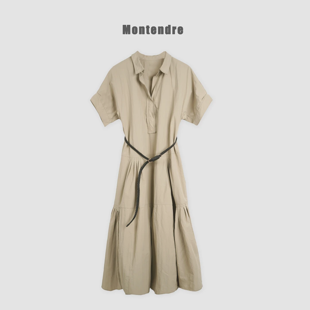 【MonTendre】D 夏季新款 温柔大气知性风简约纯色垂坠感系带连衣裙