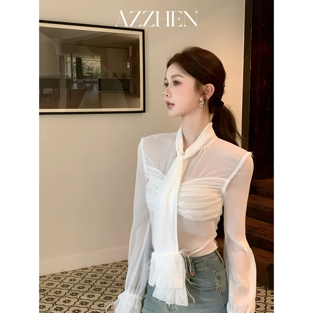 AZZHEN【流光羽纱】 薄纱鸵鸟毛飘带衬衫AZ5ESC10-00