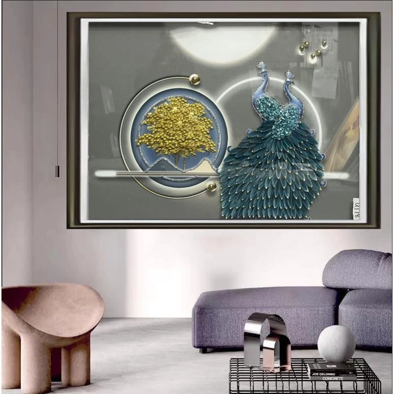 Q2222羽毛孔雀纯手工实物钢化玻璃装裱治愈简约时尚现代装饰画