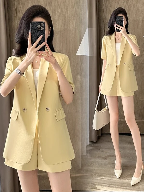【黄色】0687 新款超火爆款西服短裤两件套装时尚休闲宽松上衣夏