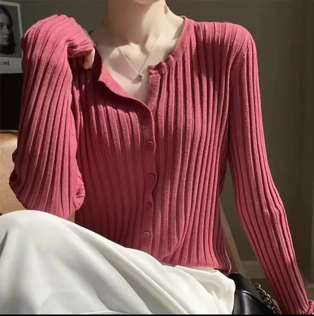 长袖针织衫春秋开衫百搭坑条薄款设计针织长袖开衫上衣女韩版