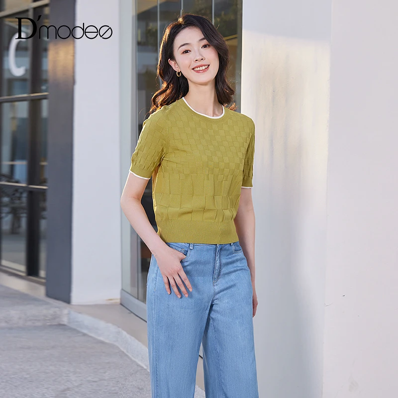 黛玛诗2025夏季新款简约圆领草绿色清新自然针织套头衫短袖上衣女
