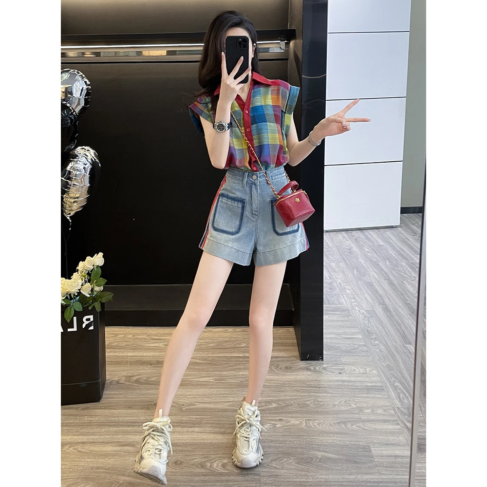 复古风薄款女装格子棉质显瘦衬衣高腰牛仔短裤减龄两件套日韩
