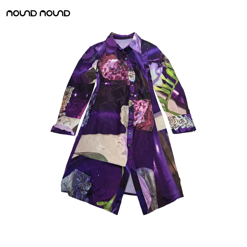 【lucency】noundnound设计感印花不对称门襟长袖中长款翻领衬衫女