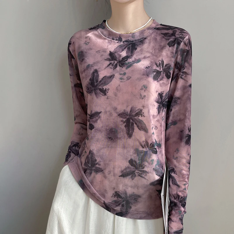 时尚潮流新款女士水墨晕染长袖打底衫显瘦宽松薄款春夏小衫上衣