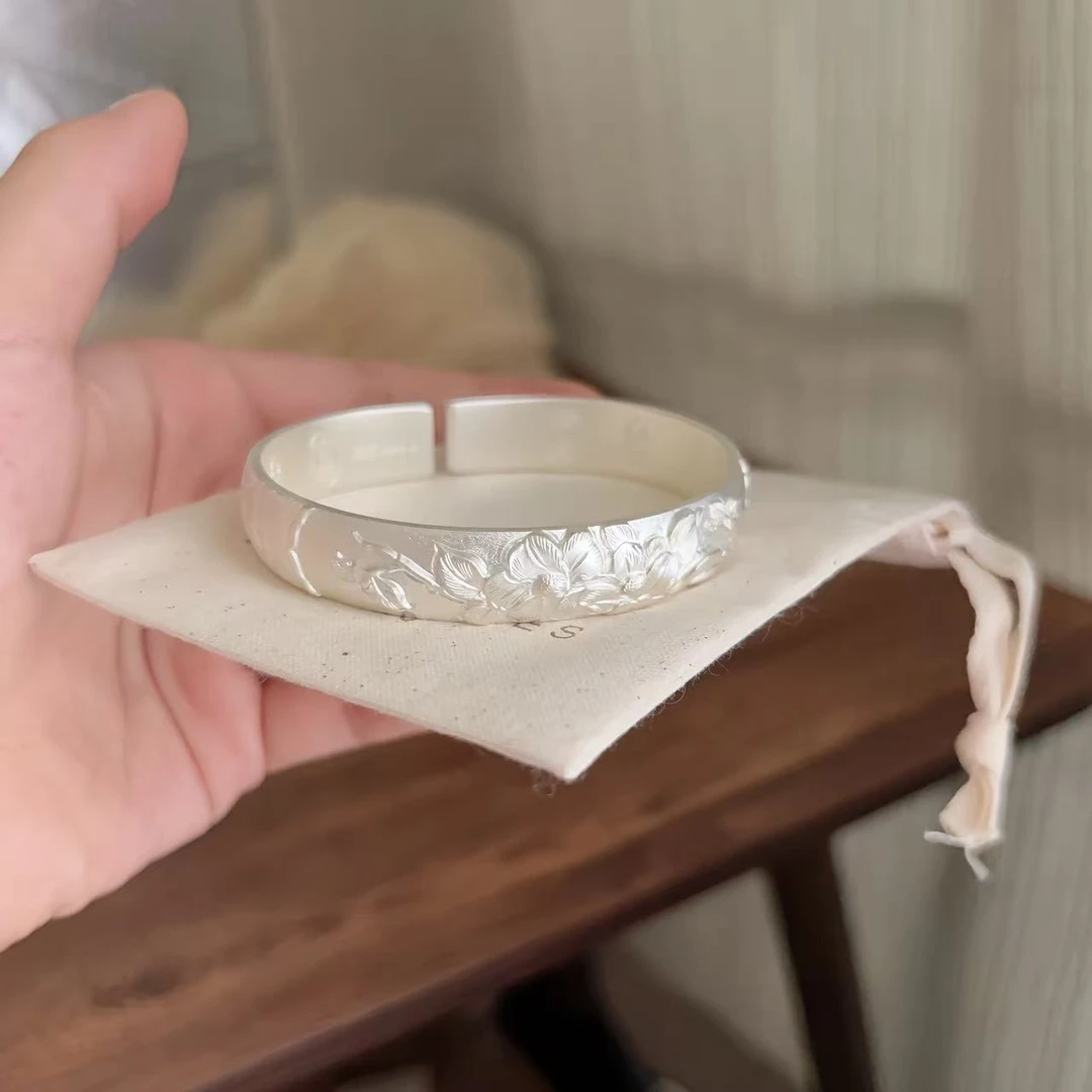 足银手镯 山茶花银手镯-足银999.9实心吉言送妈妈手工雕刻