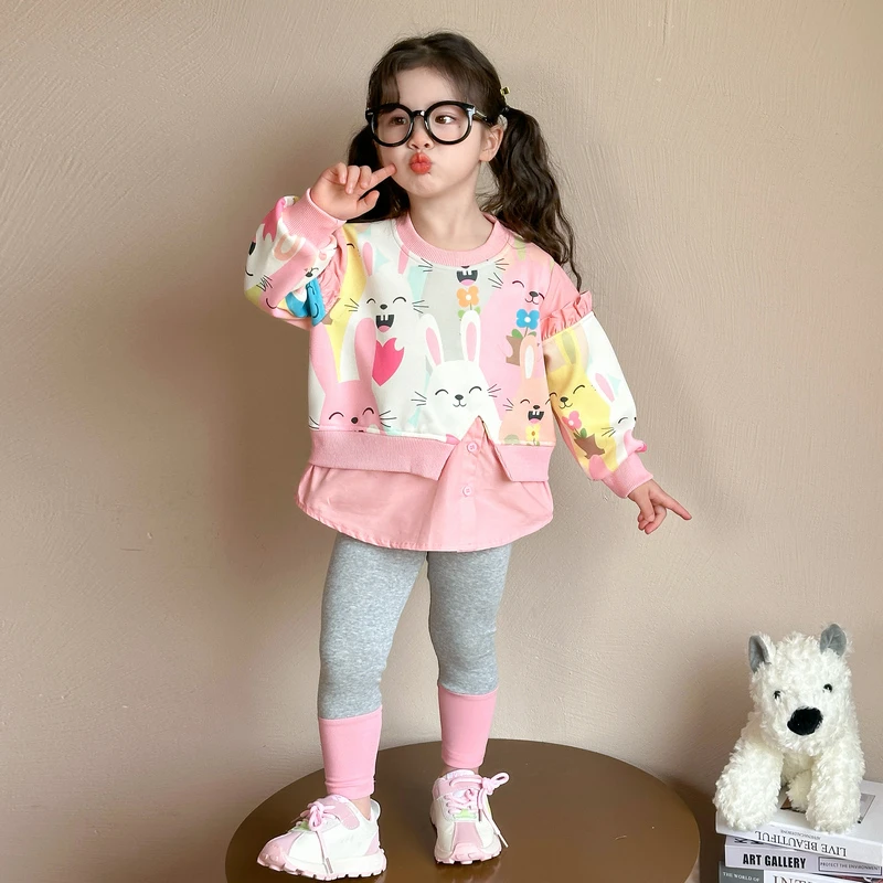 女童假两件套卫衣套装2025春秋新款女宝宝打底裤时髦两件套小女孩