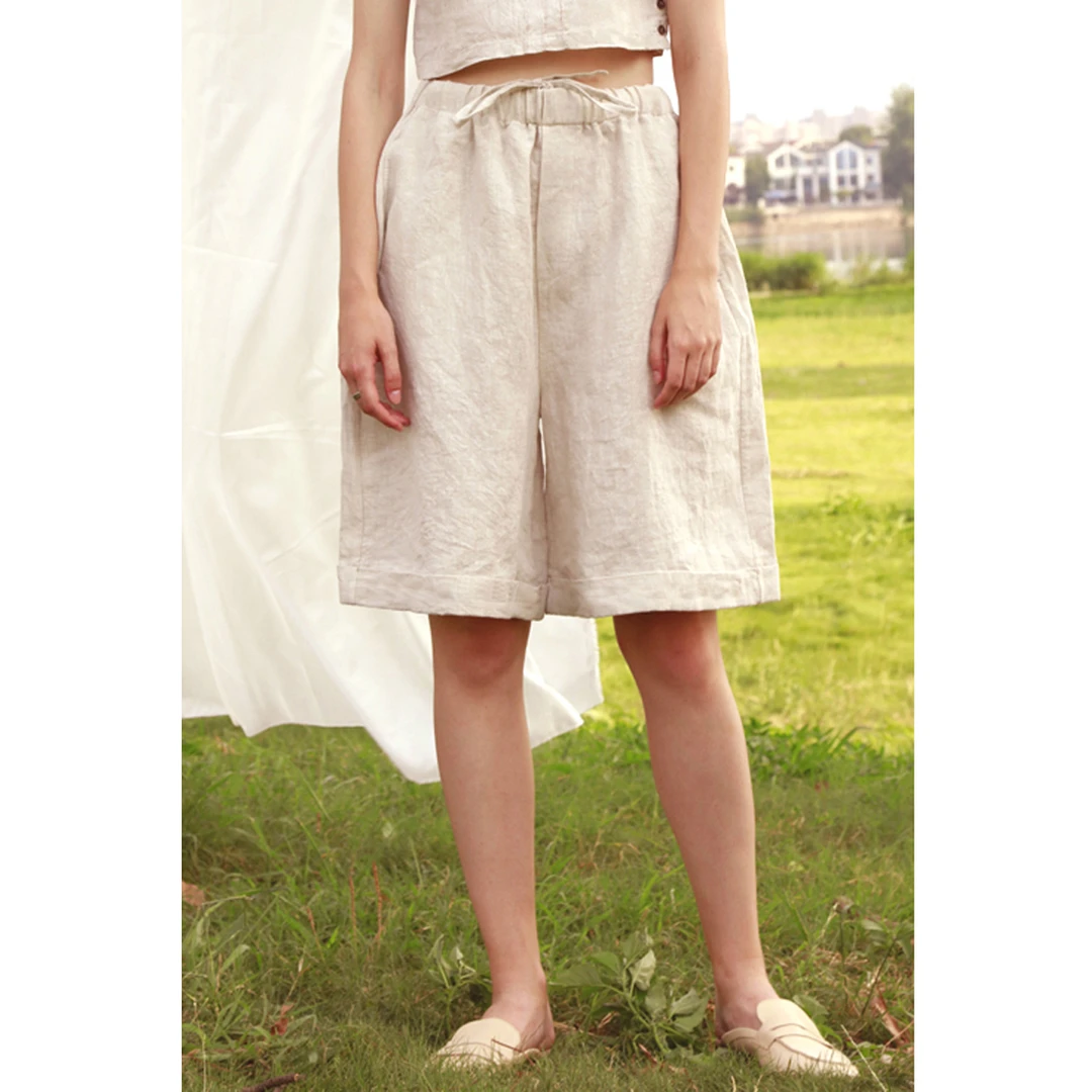 女士五分裤亚麻系绳休闲百搭宽松齐膝短裤夏季透气排汗睡裤