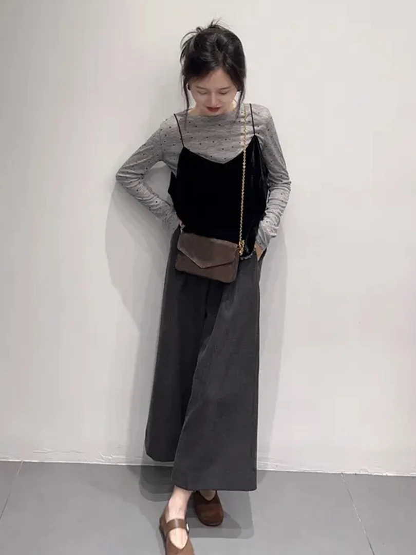 2025秋冬新款小个子气质修身长袖T恤丝绒吊带长裤女装休闲三件套