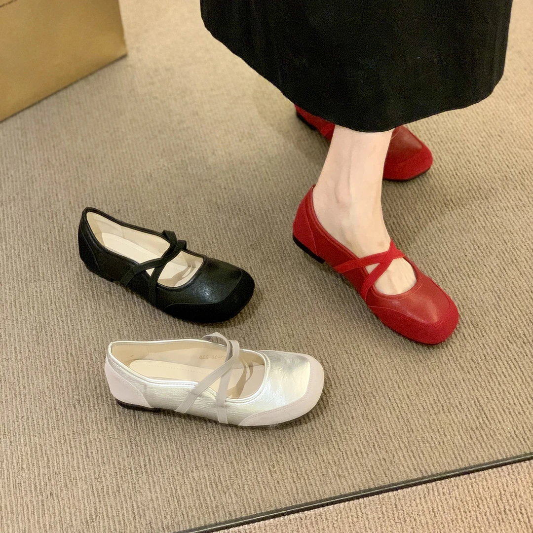 小众复古交叉绑带软皮平底芭蕾舞鞋女夏新款浅口玛丽珍配裙子单鞋