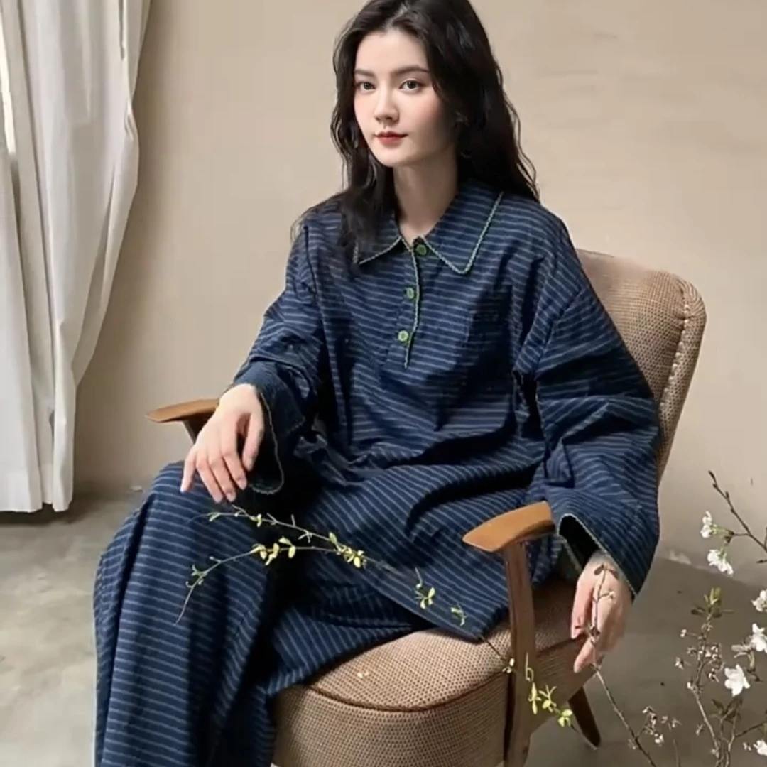 2025年春秋季新款条纹纯棉长袖薄款睡衣女士休闲慵懒风套装可外穿