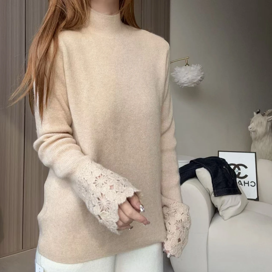 【百分百山羊绒】241679竖坑条袖摆手工镂空款圆领羊绒衫简约百搭款