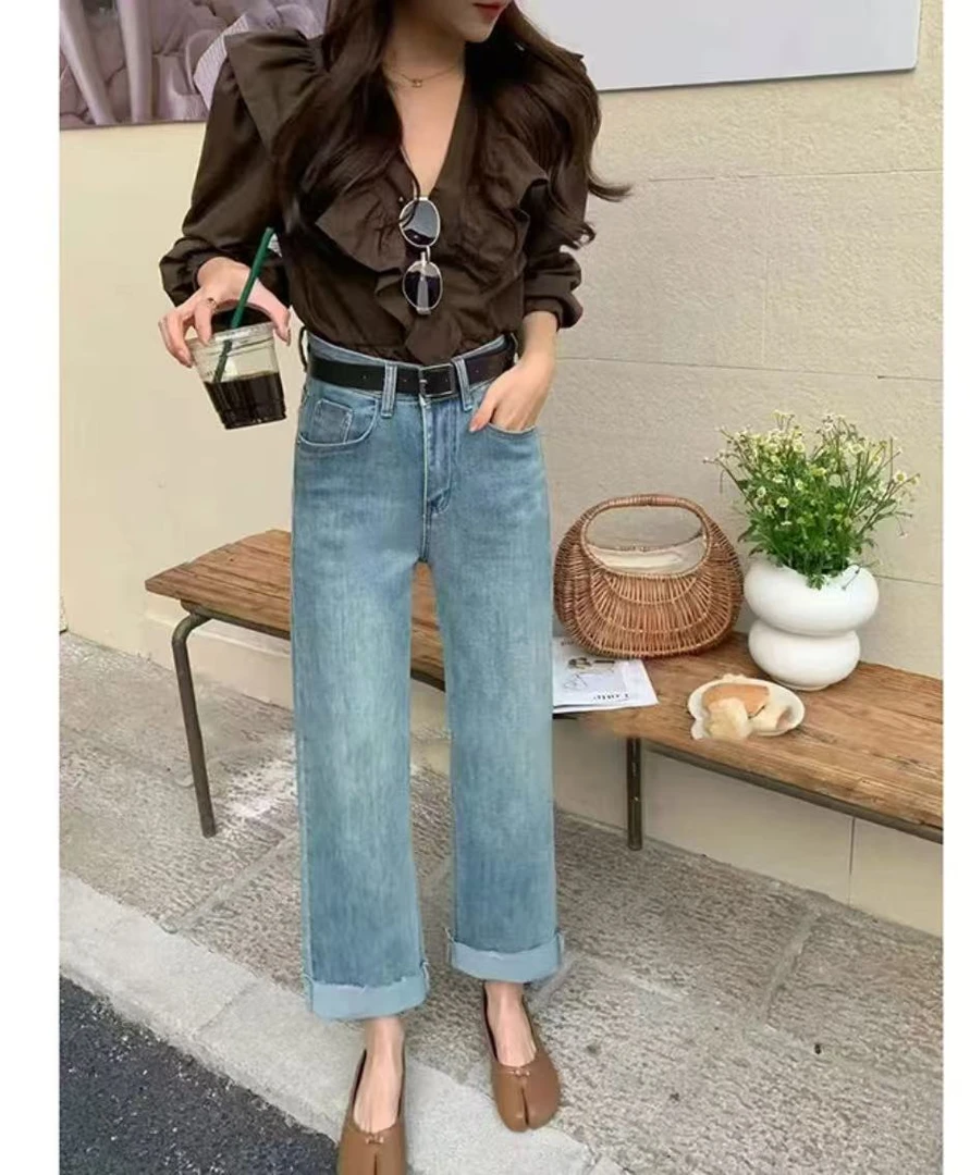 美美服装店8607春新款 九分翻边 窄版直筒裤