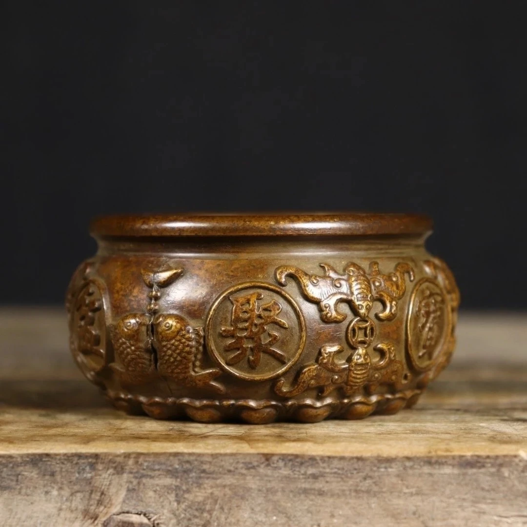 铜招财八福聚宝盆摆件家用客厅办公室实心聚财工艺品招财进宝黄铜