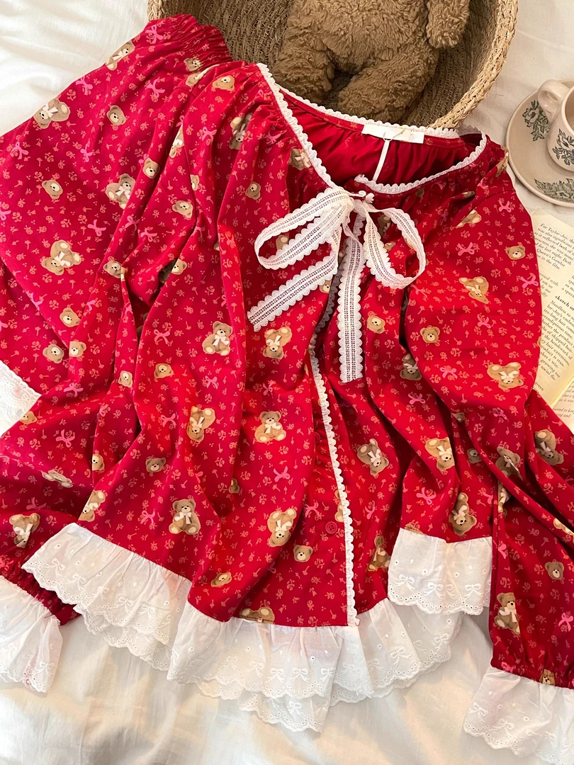 红色可爱小熊蕾丝拼接甜美睡衣女春秋季2025年大码长袖家居服套装