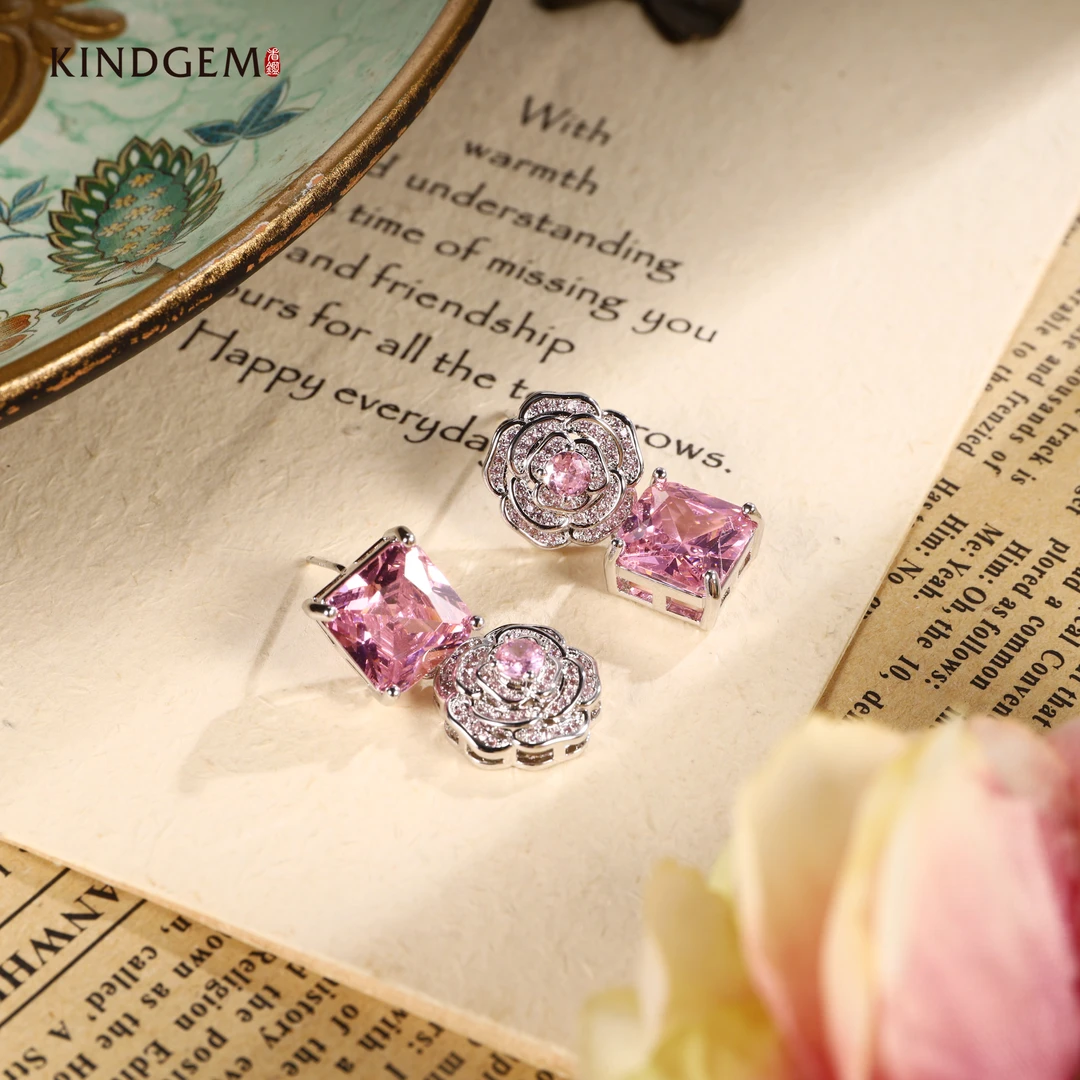 铜合金锆石耳饰 淡粉色轻奢镶嵌花花百搭耳环 AW147XMHC-28596