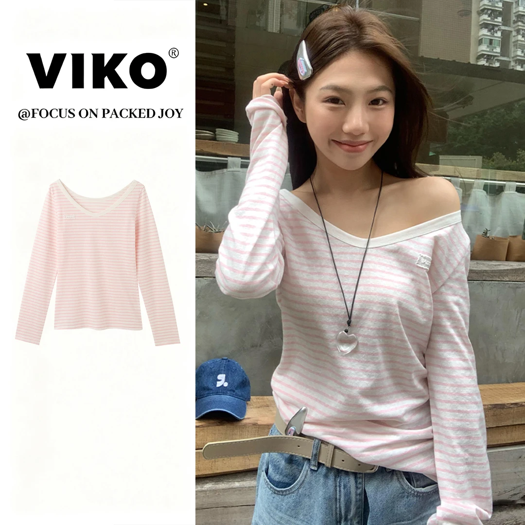 VIKO粉色条纹V领防晒罩衫女秋季宽松薄款松弛慵懒风长袖t恤上衣潮