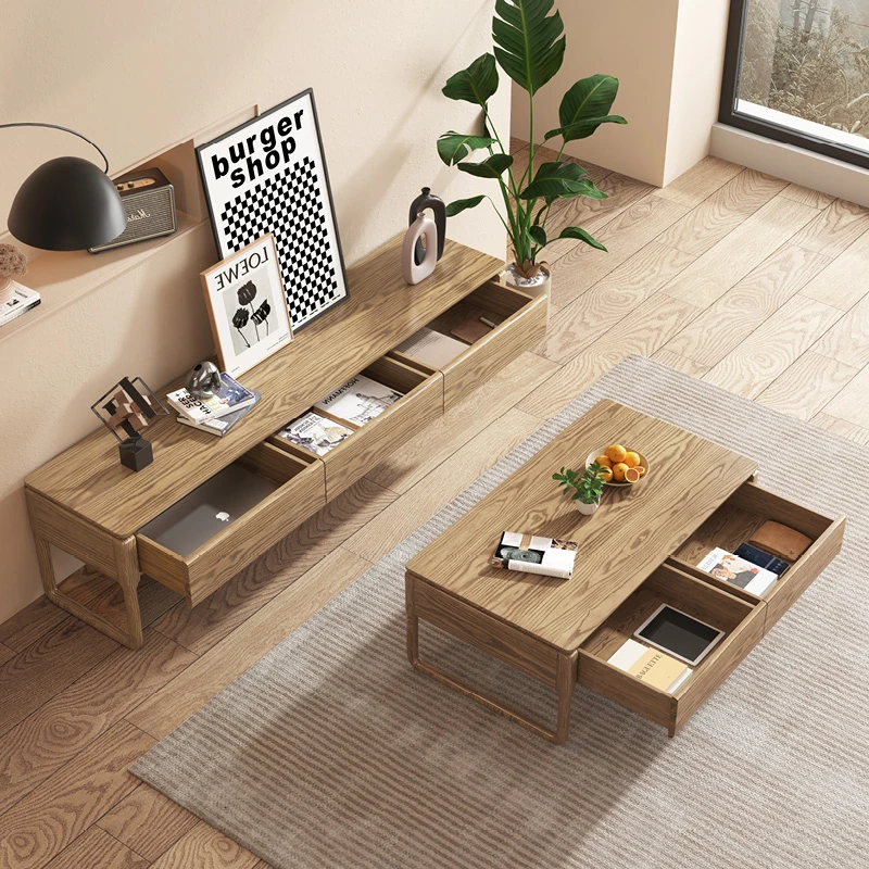 北欧白蜡木茶几现代简约小户型客厅茶桌全实木整装茶几电视柜组合