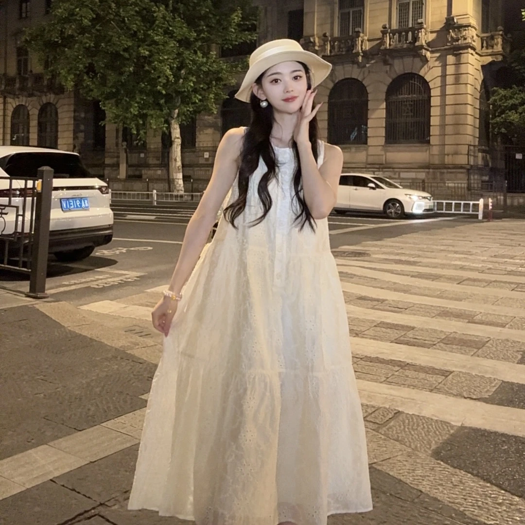 法式重工钩花 度假风精致感拉满背心连衣裙无袖长裙