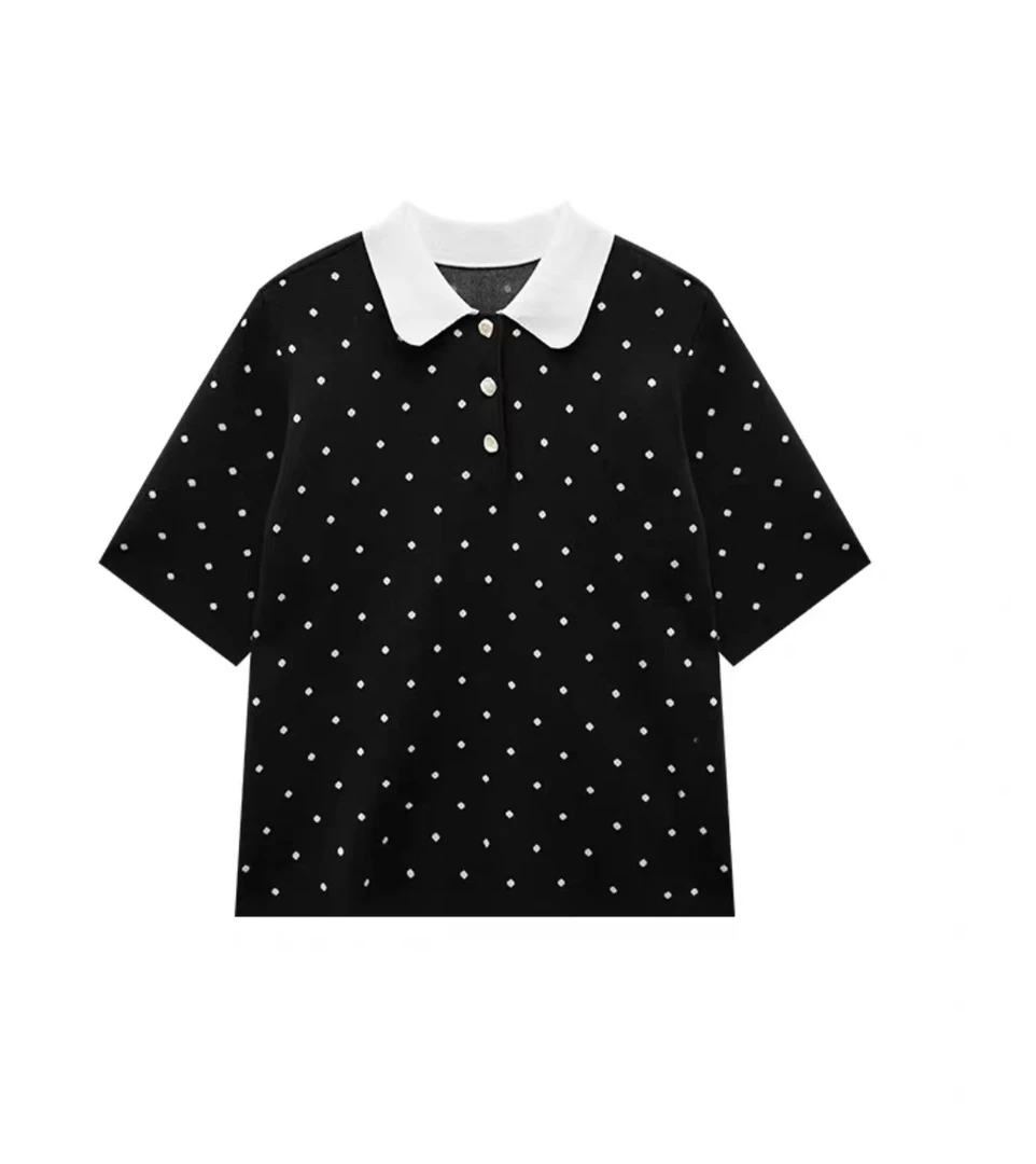 8046巴洛克珍珠扣星空波点短袖针织上衣时尚百搭潮流黑白翻领