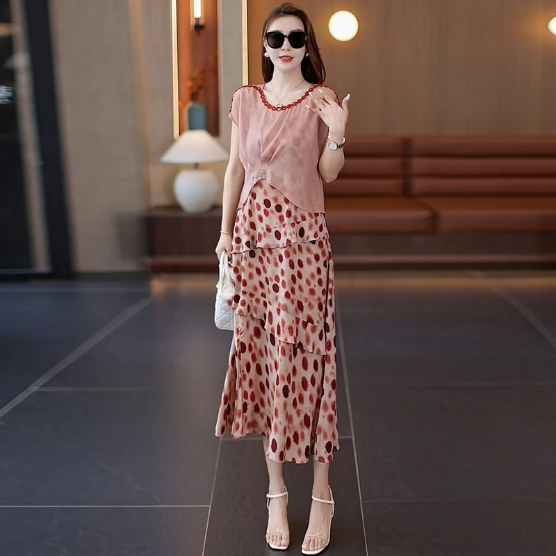 拉夏贝尔开叉连衣裙套装女2025夏季薄款镶钻披风波点连衣裙两件套