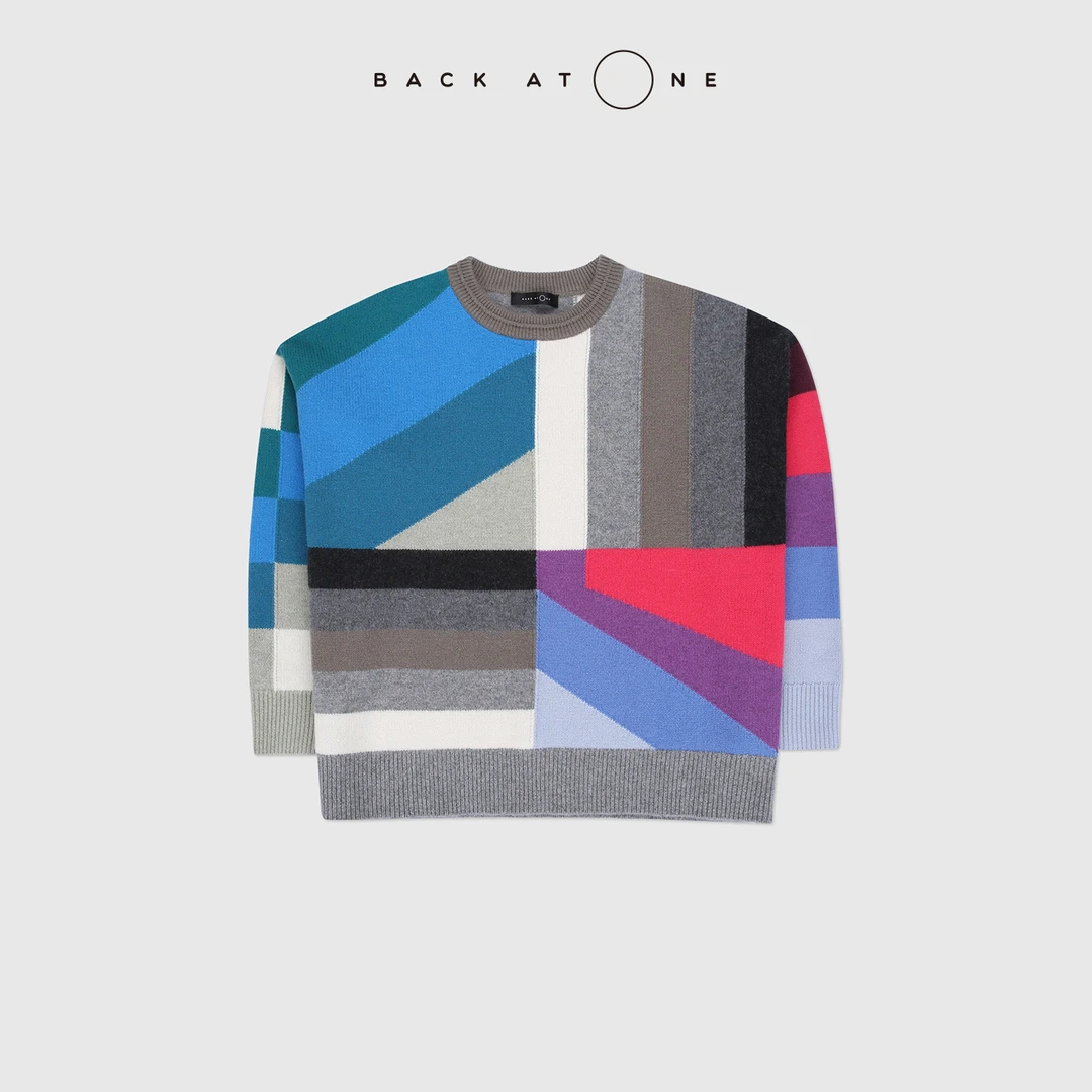 BACKATONE"宝石系列-彩阶"撞色几何嵌花针织套头衫 BFF-1AB349B-K
