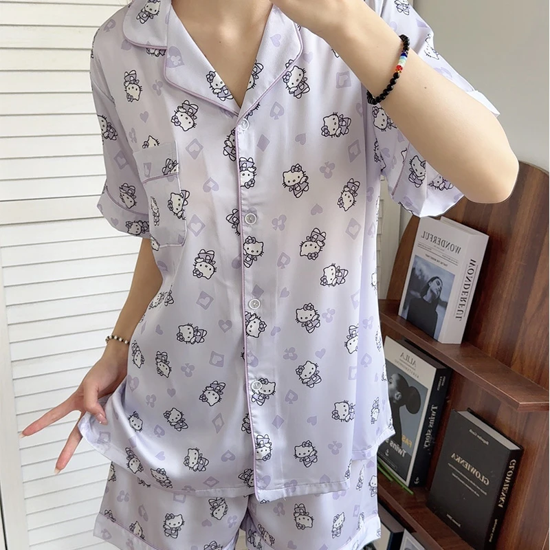 冰丝睡衣女款夏季可爱卡通猫咪短袖短裤2025新款高级感家居服套装
