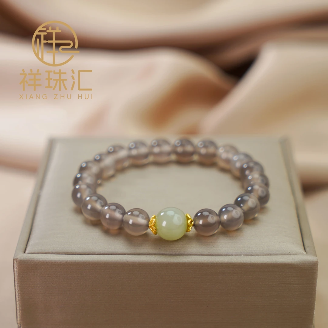 天然灰玛瑙配大点位天然和田玉顶珠手链 多样性发一SL362