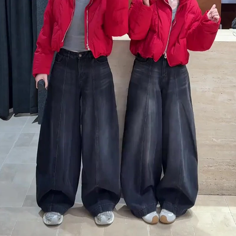 冬季新款时尚百搭宽松高腰牛仔裤加绒加厚梨形身材弯刀阔腿裤女