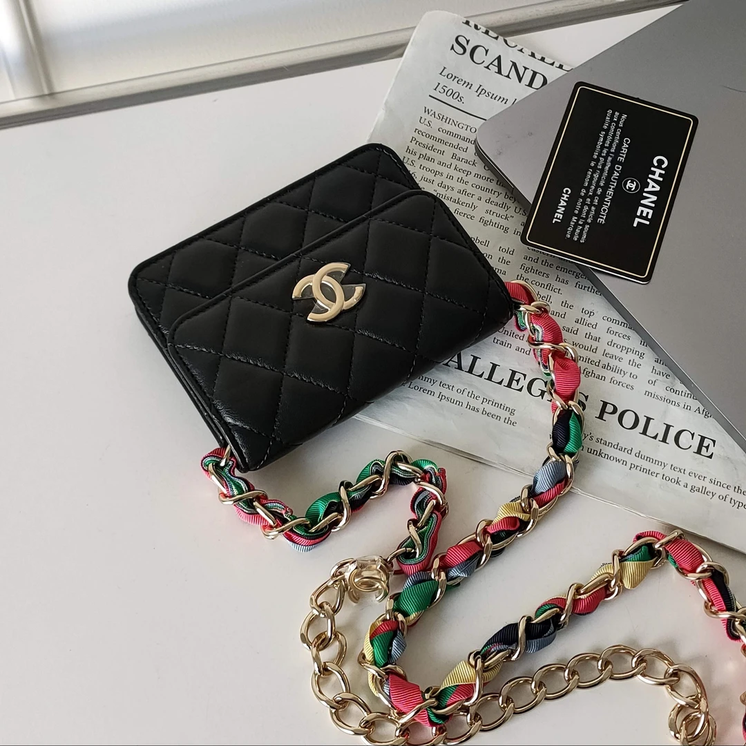 99新 Chanel/香奈儿 Azul-21P黑金羊皮woc mini彩虹链条腰包38508