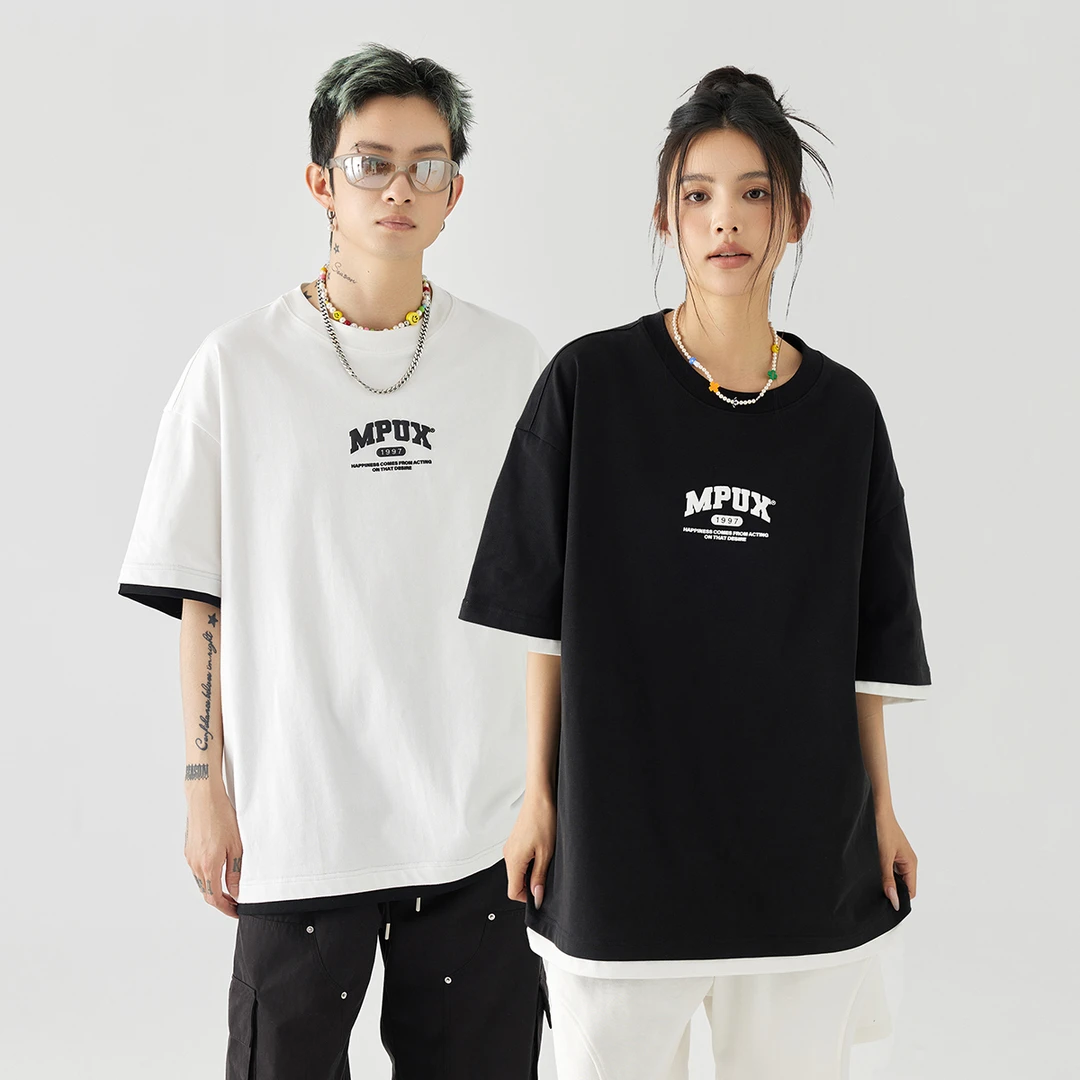 GOLFCROSS&MPUX联名款情侣字母印花假两件圆领套头休闲宽松短袖