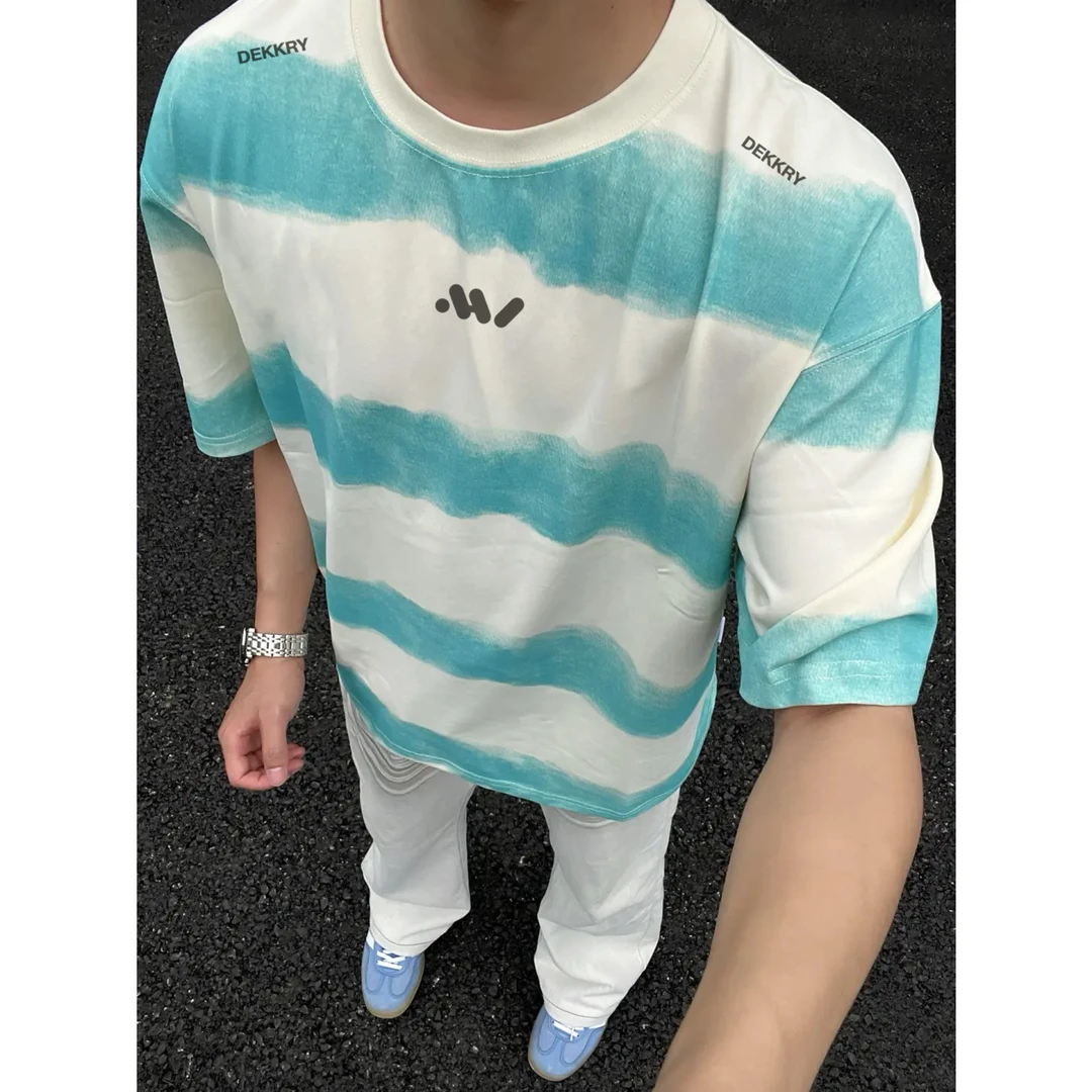 美式百搭水洗扎染条纹短袖T恤男女夏季ins休闲宽松拼色情侣款上衣