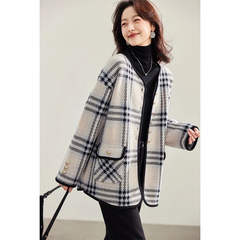 小香风格子外套女春秋新款宽松时尚洋气慵懒针织呢子上衣TC4543