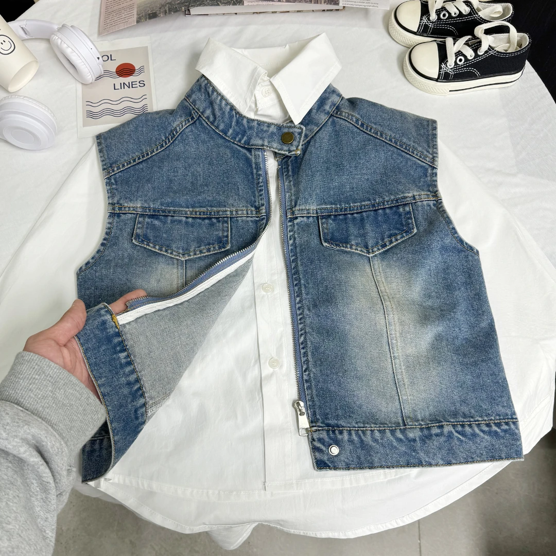 【QY 实体品质】男女童春秋两件套牛仔马甲衬衫洋气百搭渐变马甲060