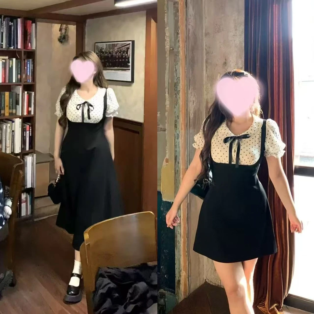 学院风娃娃领收腰假两件连衣裙胖MM夏季新款穿搭显瘦气质减龄