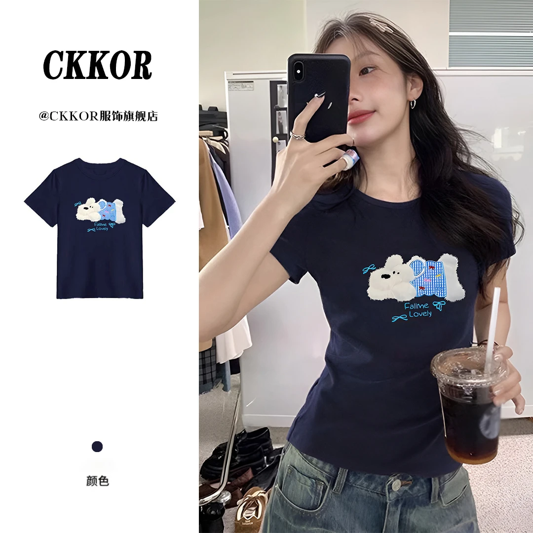 CKKOR韩版正肩短袖t恤女夏季设计感卡通小狗印花修身显瘦百搭上衣