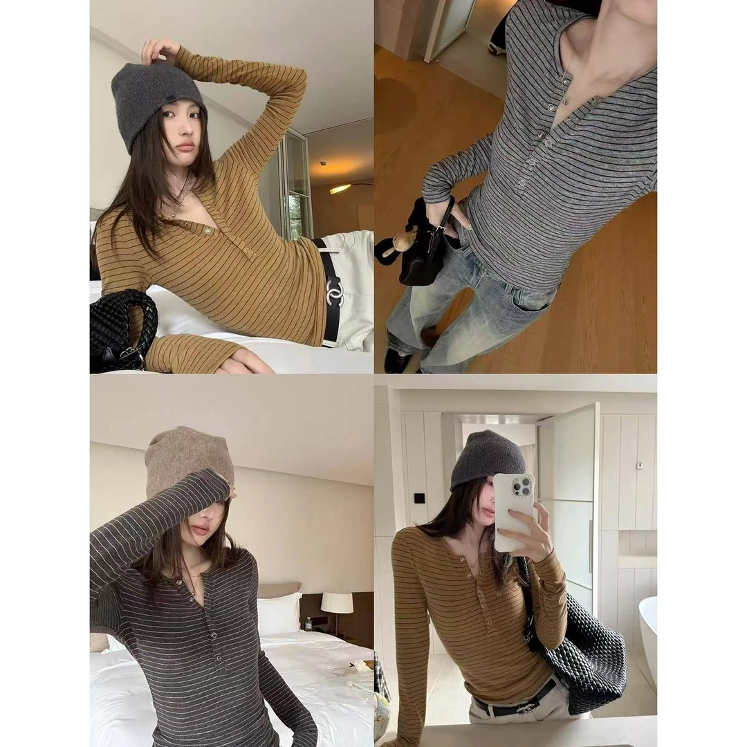 美拉德条纹针织半开领常规款长袖t恤上衣女2025秋季新款